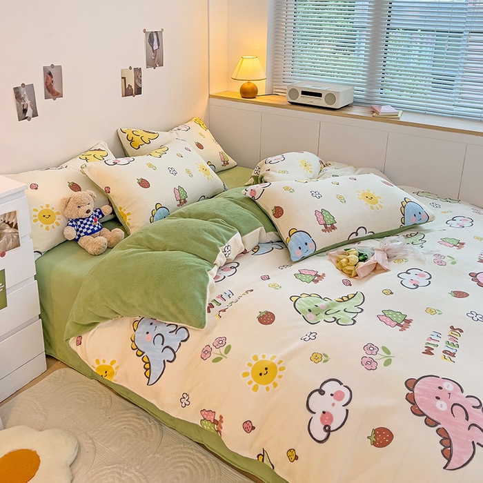 91家纺网 家纺一手货源 找家纺 西引力 2025新款亲肤舒适加厚牛奶绒印花四件套 淘气恐龙