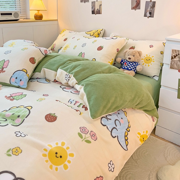 91家纺网 家纺一手货源 找家纺 西引力 2025新款亲肤舒适加厚牛奶绒印花四件套 淘气恐龙