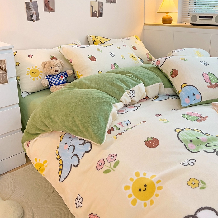 91家纺网 家纺一手货源 找家纺 西引力 2025新款亲肤舒适加厚牛奶绒印花四件套 淘气恐龙