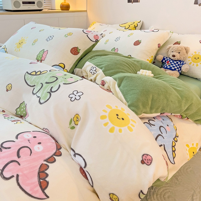 91家纺网 家纺一手货源 找家纺 西引力 2025新款亲肤舒适加厚牛奶绒印花四件套 淘气恐龙