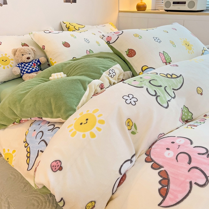 91家纺网 家纺一手货源 找家纺 西引力 2025新款亲肤舒适加厚牛奶绒印花四件套 淘气恐龙