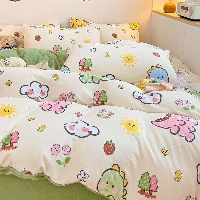 91家纺网 家纺一手货源 找家纺 西引力 2025新款亲肤舒适加厚牛奶绒印花四件套 淘气恐龙