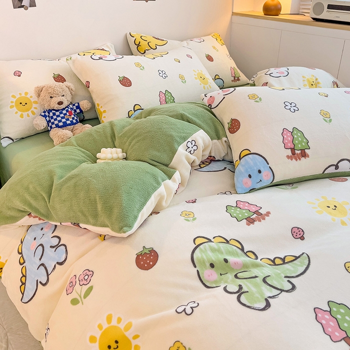 91家纺网 家纺一手货源 找家纺 西引力 2025新款亲肤舒适加厚牛奶绒印花四件套 淘气恐龙