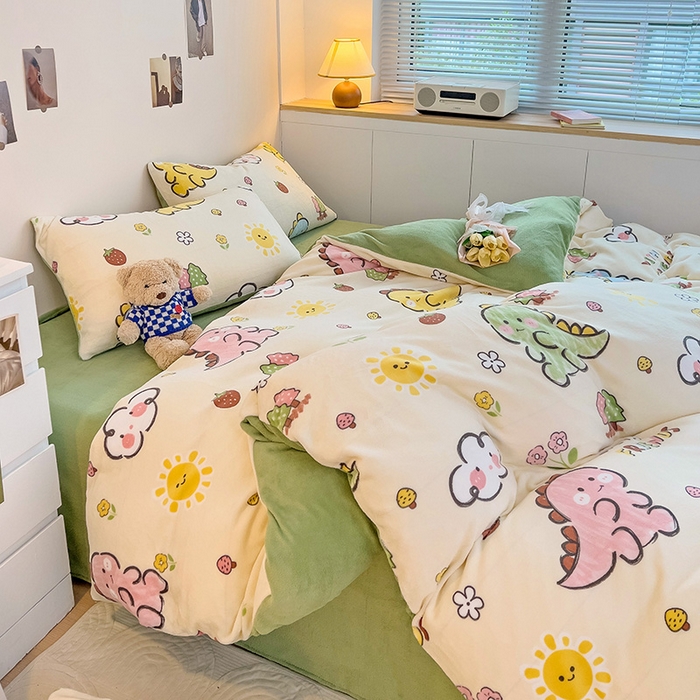 91家纺网 家纺一手货源 找家纺 西引力 2025新款亲肤舒适加厚牛奶绒印花四件套 淘气恐龙