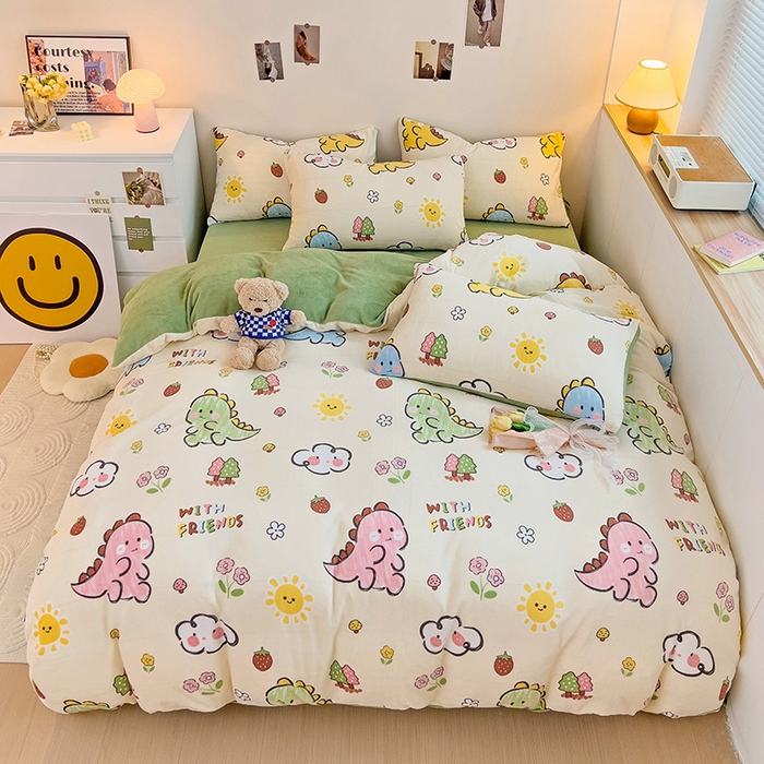 91家纺网 家纺一手货源 找家纺 西引力 2025新款亲肤舒适加厚牛奶绒印花四件套 淘气恐龙