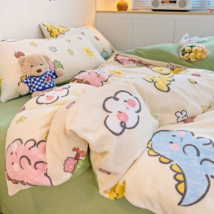 91家纺网 家纺一手货源 找家纺 西引力 2025新款亲肤舒适加厚牛奶绒印花四件套 淘气恐龙