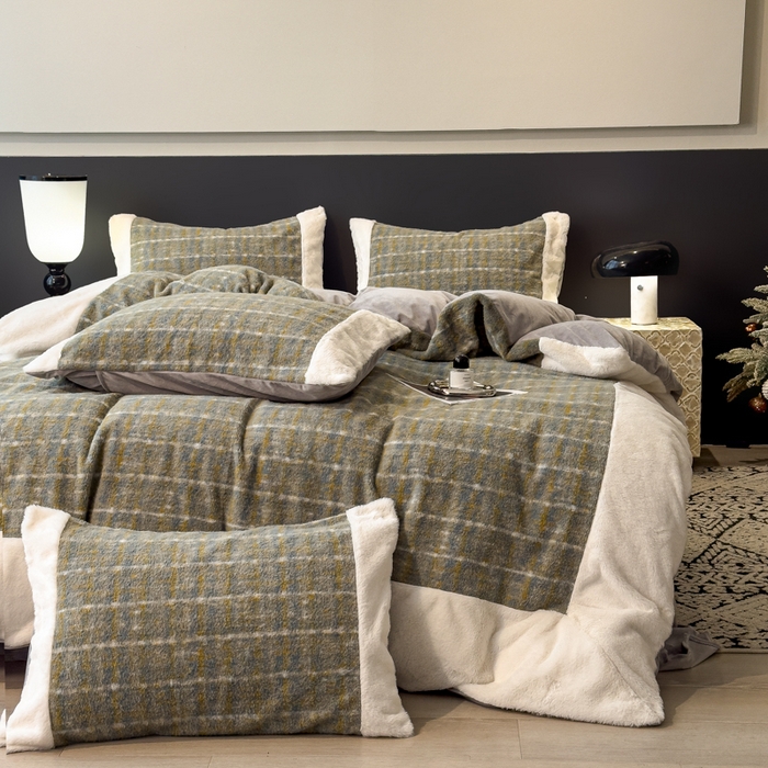 91家纺网 家纺一手货源 找家纺 印季家纺 2025新款羊呢绒兔毛大拼角四件套 拼角-五彩小格