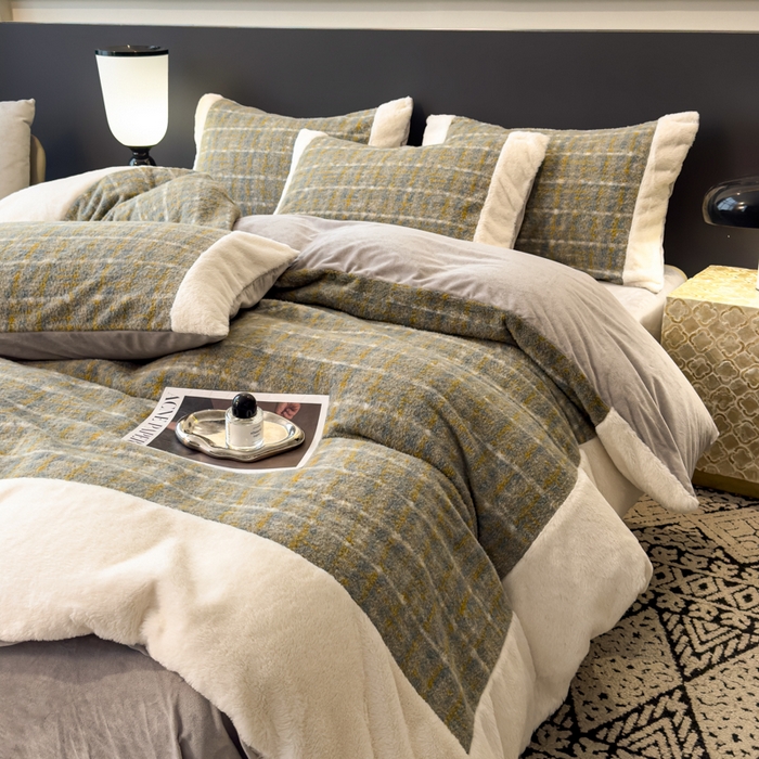 91家纺网 家纺一手货源 找家纺 印季家纺 2025新款羊呢绒兔毛大拼角四件套 拼角-五彩小格