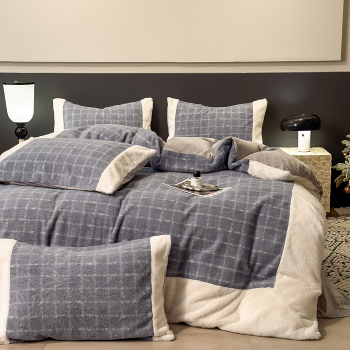 印季家纺 2025新款羊呢绒兔毛大拼角四件套 拼角-蓝色小格