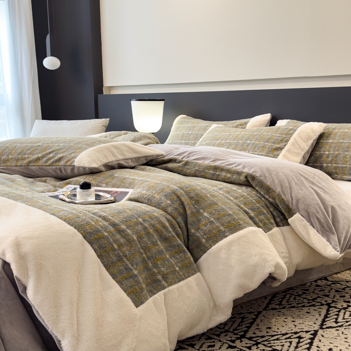 91家纺网 家纺一手货源 找家纺 印季家纺 2025新款羊呢绒兔毛大拼角四件套 拼角-五彩小格