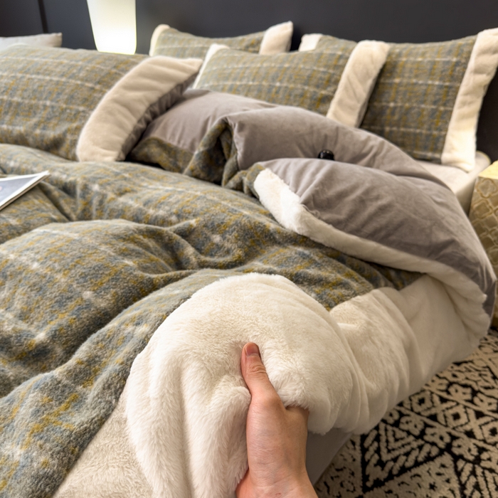 91家纺网 家纺一手货源 找家纺 印季家纺 2025新款羊呢绒兔毛大拼角四件套 拼角-五彩小格