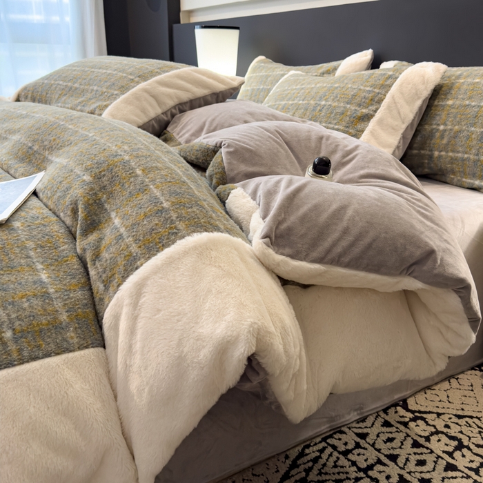 91家纺网 家纺一手货源 找家纺 印季家纺 2025新款羊呢绒兔毛大拼角四件套 拼角-五彩小格