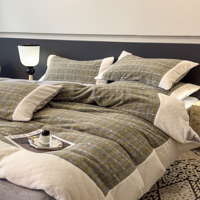 91家纺网 家纺一手货源 找家纺 印季家纺 2025新款羊呢绒兔毛大拼角四件套 拼角-五彩小格