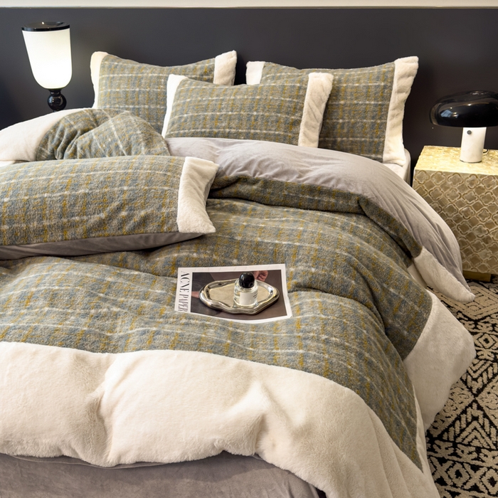 91家纺网 家纺一手货源 找家纺 印季家纺 2025新款羊呢绒兔毛大拼角四件套 拼角-五彩小格