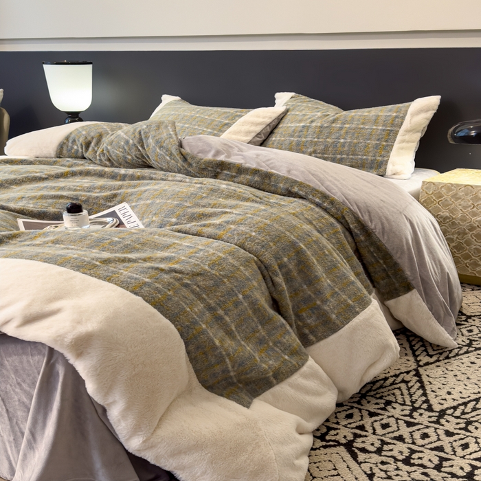 91家纺网 家纺一手货源 找家纺 印季家纺 2025新款羊呢绒兔毛大拼角四件套 拼角-五彩小格