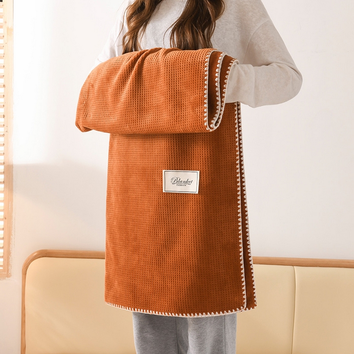 91家纺网 家纺一手货源 找家纺 印季家纺 2025新款华夫格牛奶绒复合毛毯毯子 华夫格-橘黄