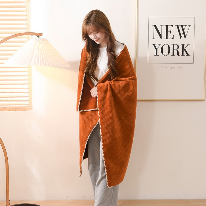 91家纺网 家纺一手货源 找家纺 印季家纺 2025新款华夫格牛奶绒复合毛毯毯子 华夫格-橘黄