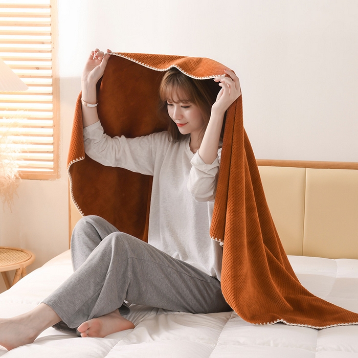 91家纺网 家纺一手货源 找家纺 印季家纺 2025新款华夫格牛奶绒复合毛毯毯子 华夫格-橘黄