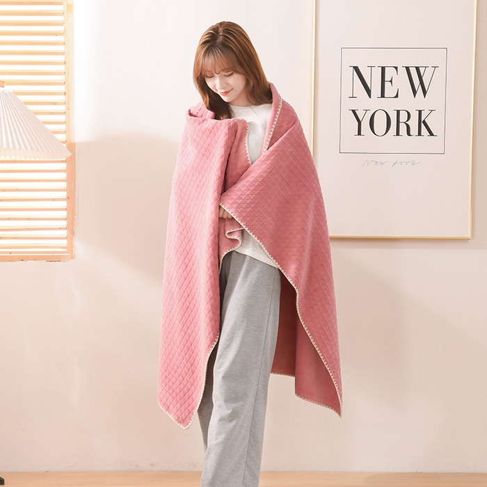 印季家纺 2025新款华夫格牛奶绒复合毛毯毯子 渐变格-嫩粉