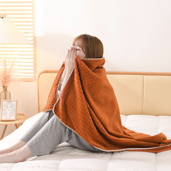 91家纺网 家纺一手货源 找家纺 印季家纺 2025新款华夫格牛奶绒复合毛毯毯子 渐变格-橘黄