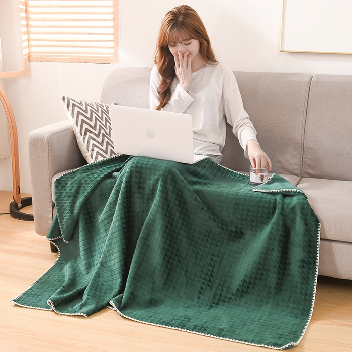 91家纺网 家纺一手货源 找家纺 印季家纺 2025新款华夫格牛奶绒复合毛毯毯子 渐变格-湖绿