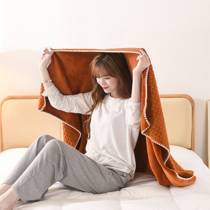 91家纺网 家纺一手货源 找家纺 印季家纺 2025新款华夫格牛奶绒复合毛毯毯子 渐变格-橘黄