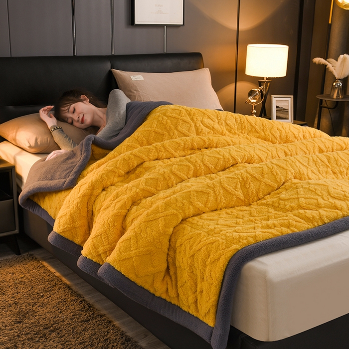 印季家纺 2025秋冬新款三层夹棉加厚-塔肤绒毛毯毯子多功能盖毯 柠檬黄+灰