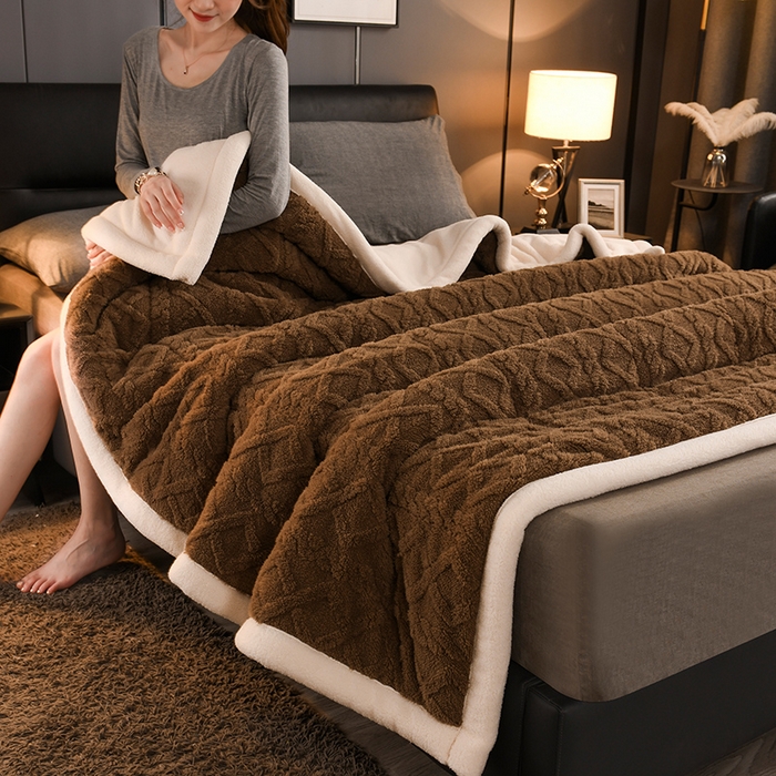 91家纺网 家纺一手货源 找家纺 印季家纺 2025秋冬新款三层夹棉加厚-塔肤绒毛毯毯子多功能盖毯 奶茶棕