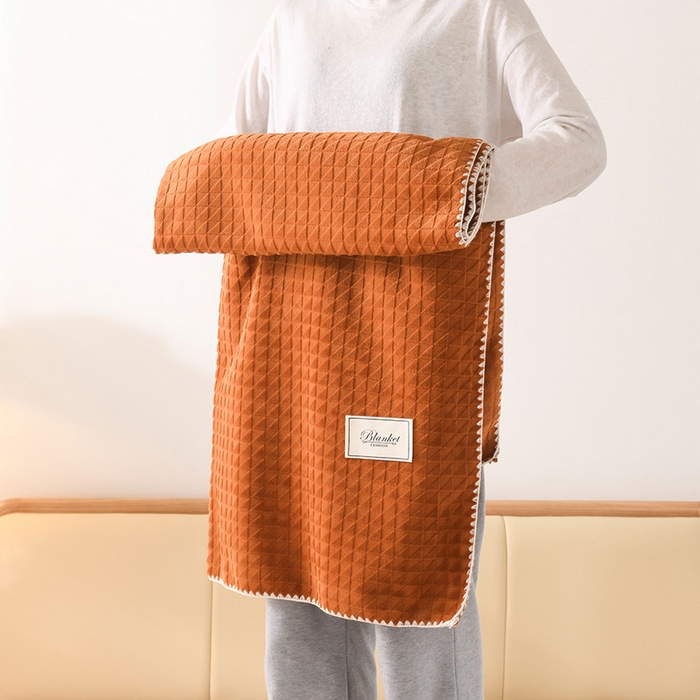 91家纺网 家纺一手货源 找家纺 印季家纺 2025新款华夫格牛奶绒复合毛毯毯子 渐变格-橘黄
