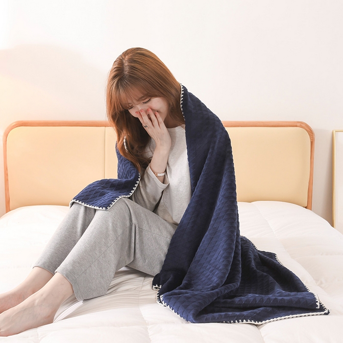 91家纺网 家纺一手货源 找家纺 印季家纺 2025新款华夫格牛奶绒复合毛毯毯子 渐变格-藏青