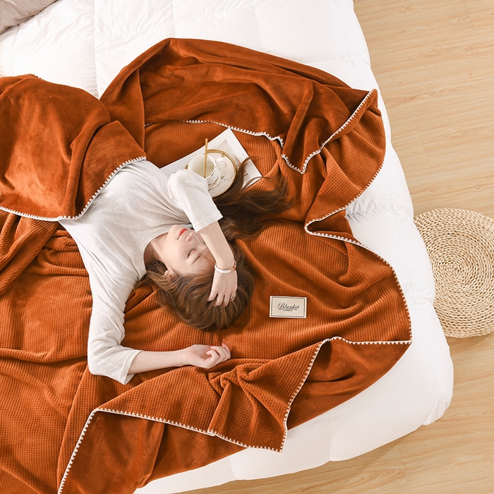 91家纺网 家纺一手货源 找家纺 印季家纺 2025新款华夫格牛奶绒复合毛毯毯子 华夫格-橘黄