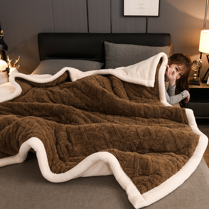 91家纺网 家纺一手货源 找家纺 印季家纺 2025秋冬新款三层夹棉加厚-塔肤绒毛毯毯子多功能盖毯 奶茶棕