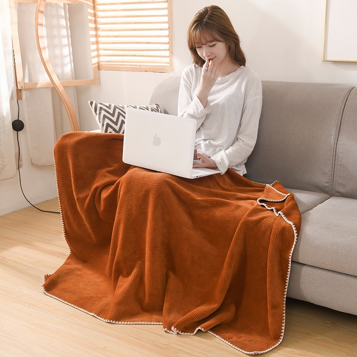 91家纺网 家纺一手货源 找家纺 印季家纺 2025新款华夫格牛奶绒复合毛毯毯子 华夫格-橘黄