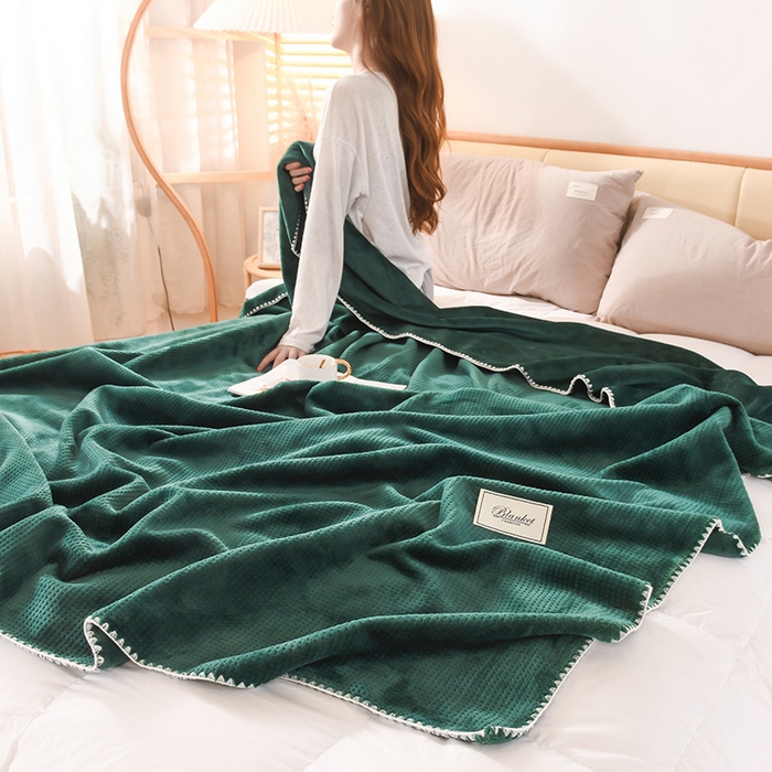 91家纺网 家纺一手货源 找家纺 印季家纺 2025新款华夫格牛奶绒复合毛毯毯子 华夫格-湖绿