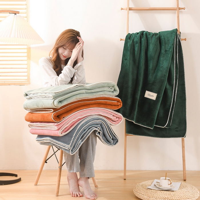 91家纺网 家纺一手货源 找家纺 印季家纺 2025新款华夫格牛奶绒复合毛毯毯子 华夫格-橘黄