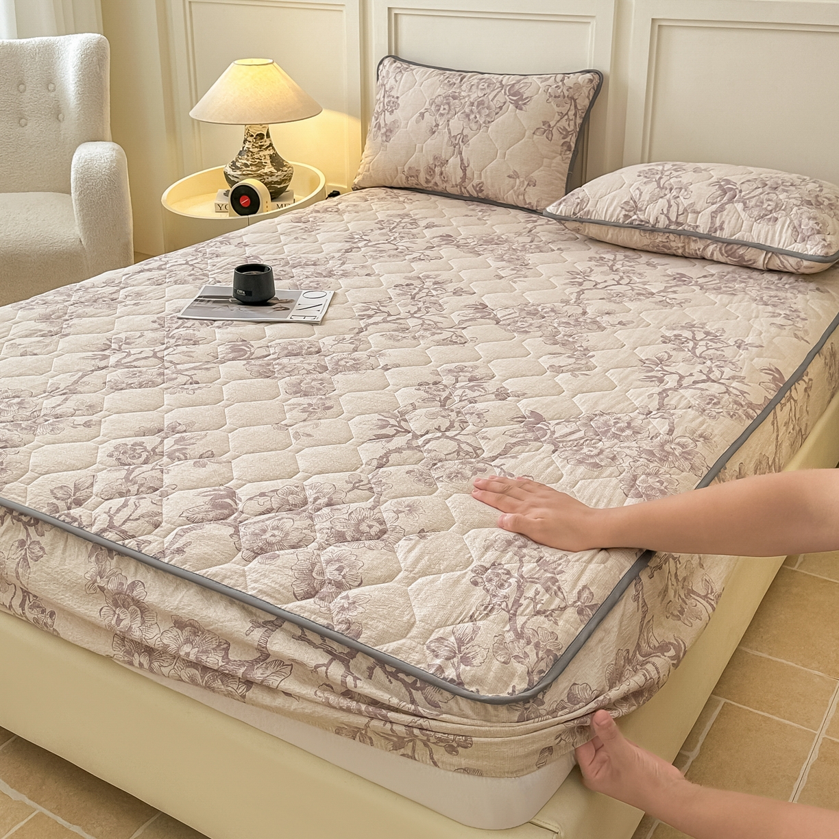 91家纺网 家纺一手货源 找家纺 梦嘉居 2025新款加厚亚麻皱皱纱加棉床笠单品床笠枕套单件单床笠 花之语