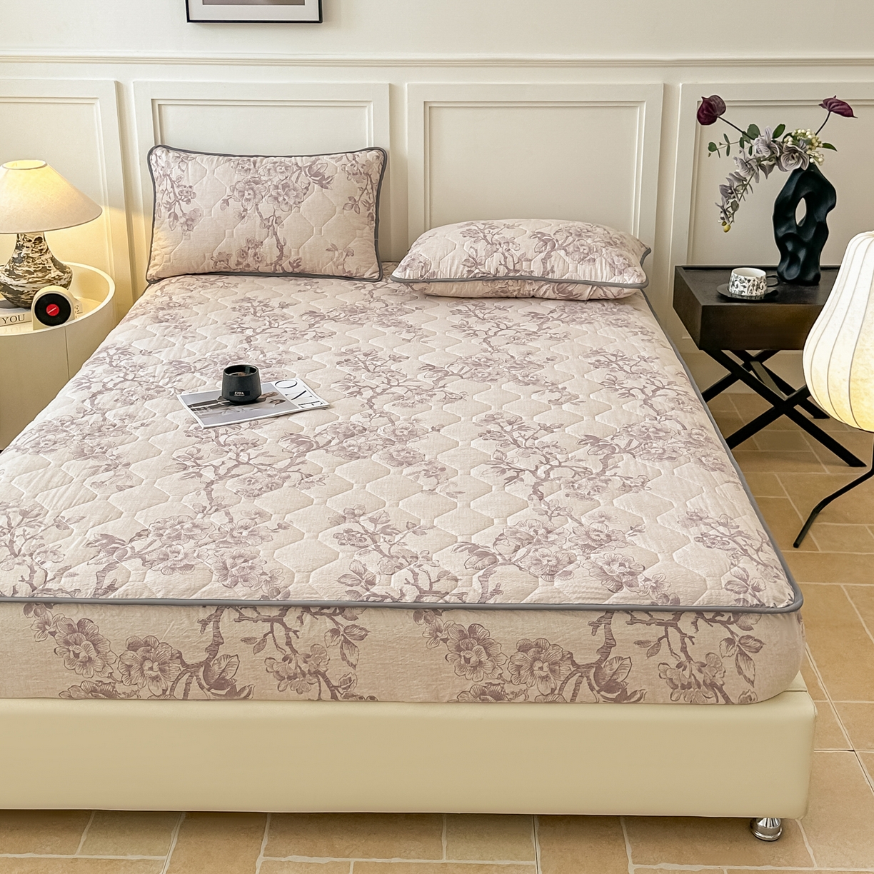 91家纺网 家纺一手货源 找家纺 梦嘉居 2025新款加厚亚麻皱皱纱加棉床笠单品床笠枕套单件单床笠 花之语