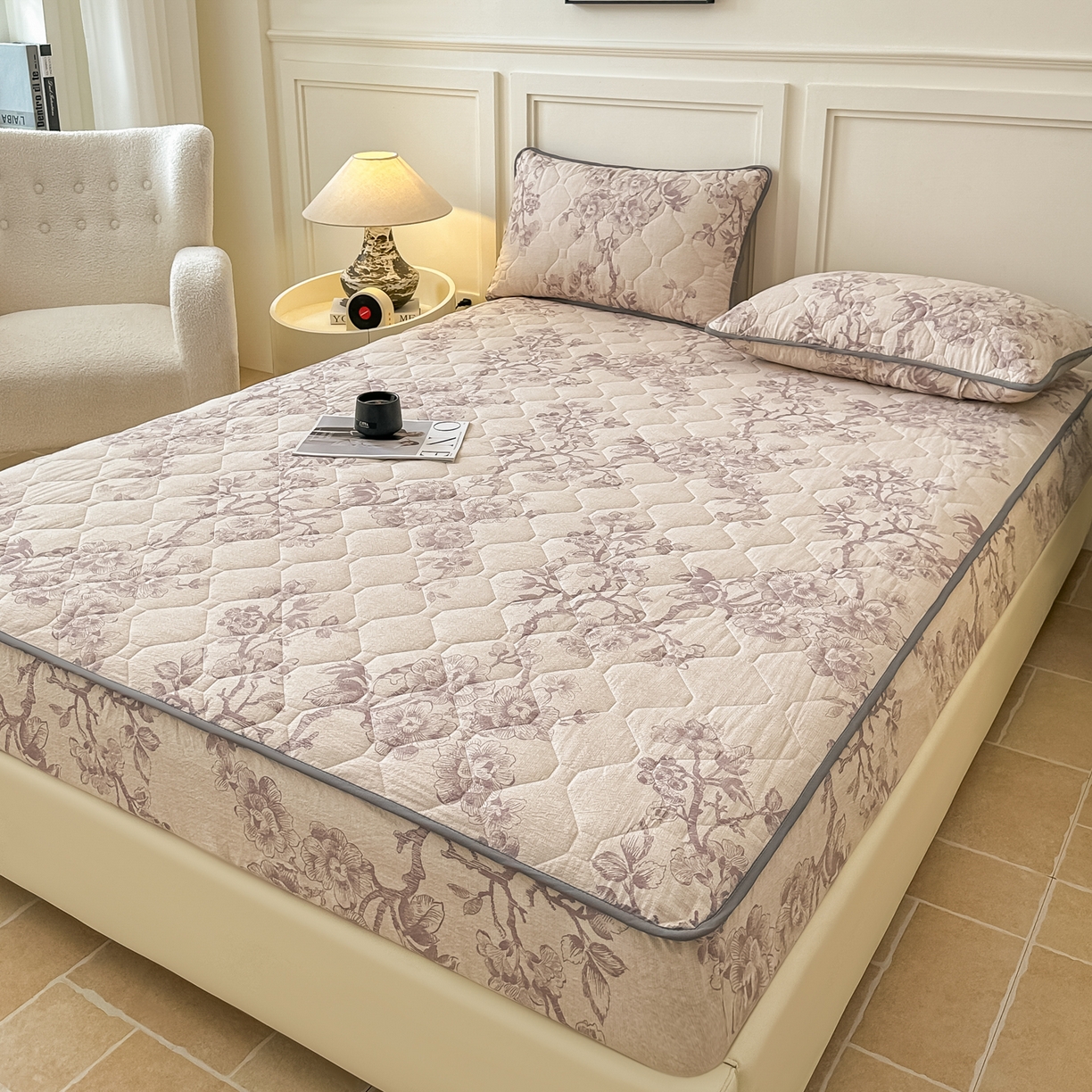 91家纺网 家纺一手货源 找家纺 梦嘉居 2025新款加厚亚麻皱皱纱加棉床笠单品床笠枕套单件单床笠 花之语