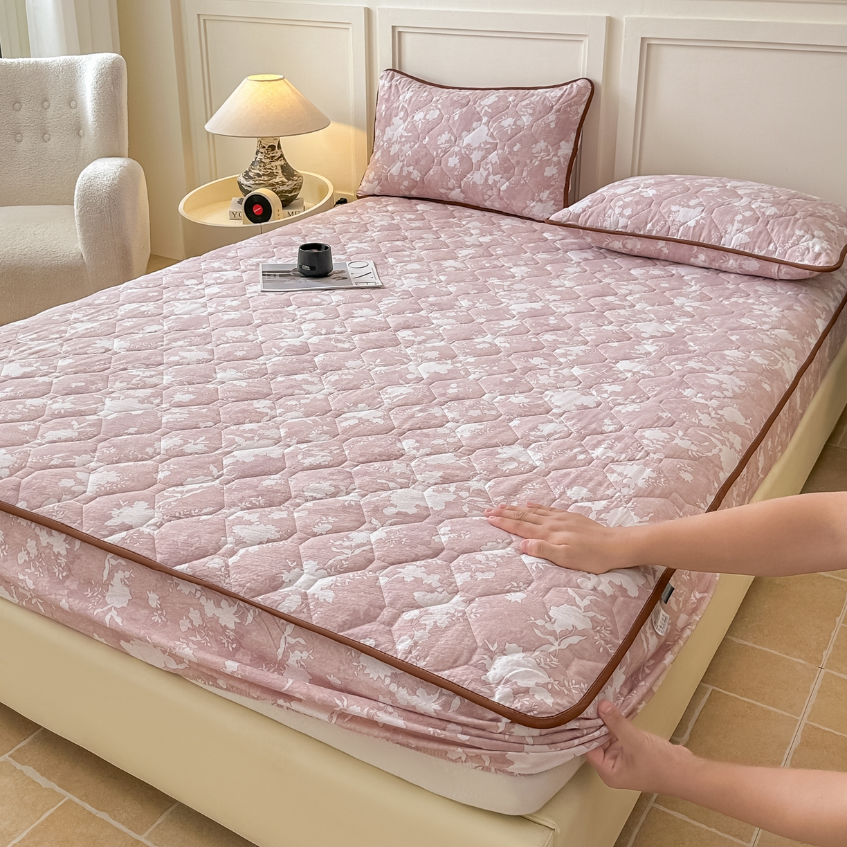 91家纺网 家纺一手货源 找家纺 梦嘉居 2025新款加厚亚麻皱皱纱加棉床笠单品床笠枕套单件单床笠 风铃草