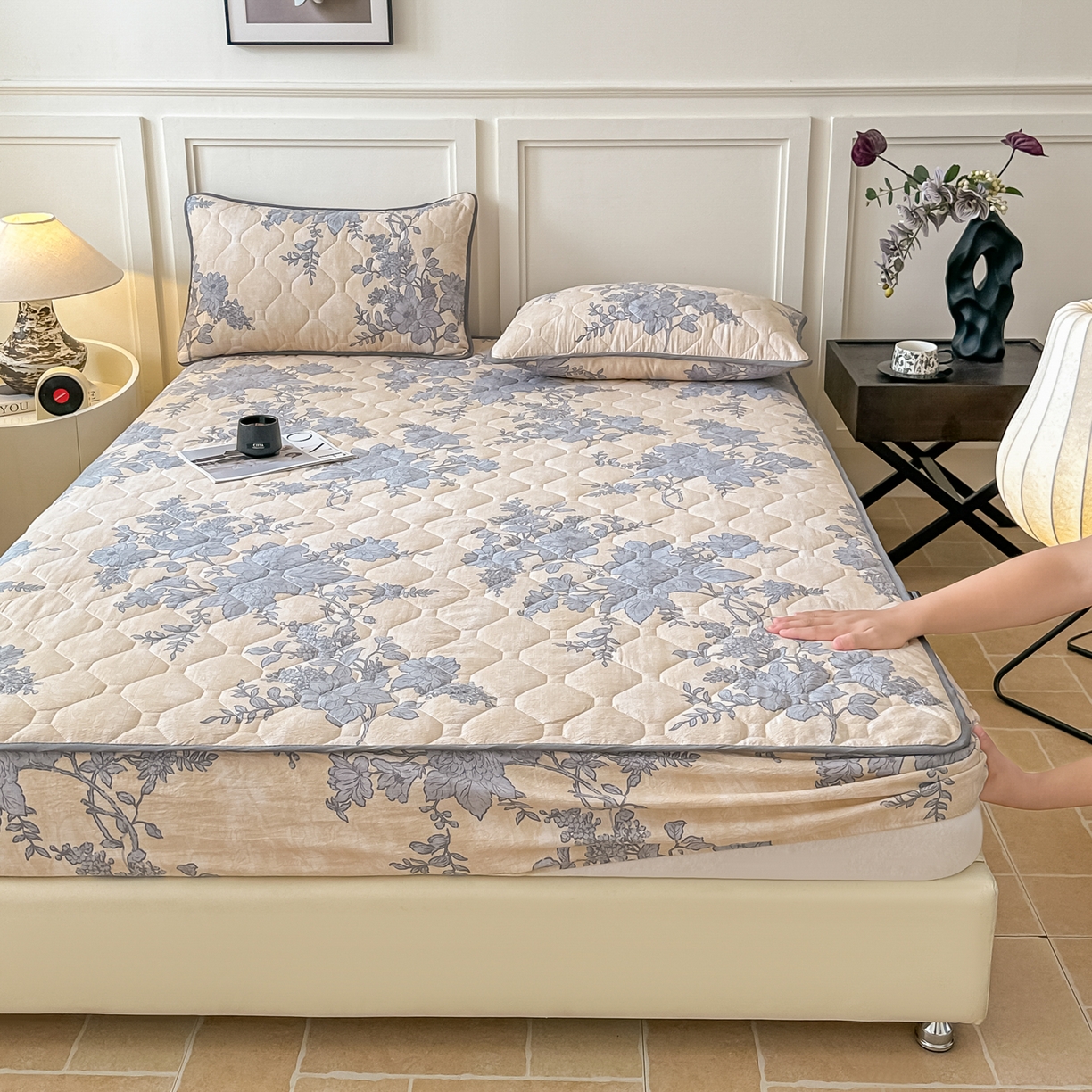 91家纺网 家纺一手货源 找家纺 梦嘉居 2025新款加厚亚麻皱皱纱加棉床笠单品床笠枕套单件单床笠 兰亭序