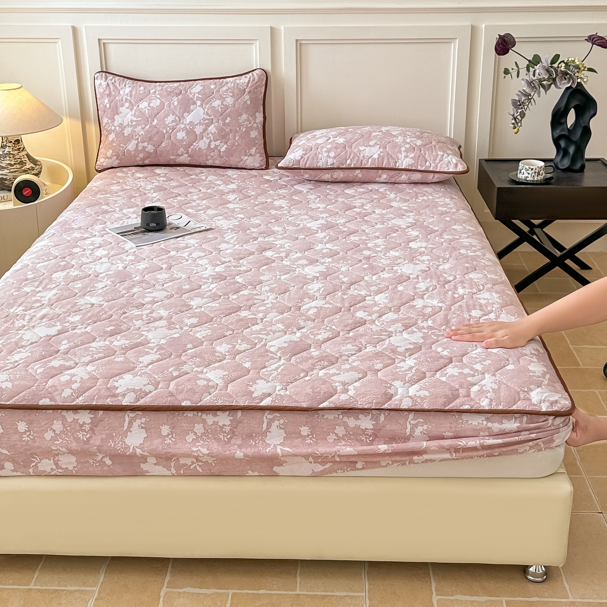 91家纺网 家纺一手货源 找家纺 梦嘉居 2025新款加厚亚麻皱皱纱加棉床笠单品床笠枕套单件单床笠 风铃草