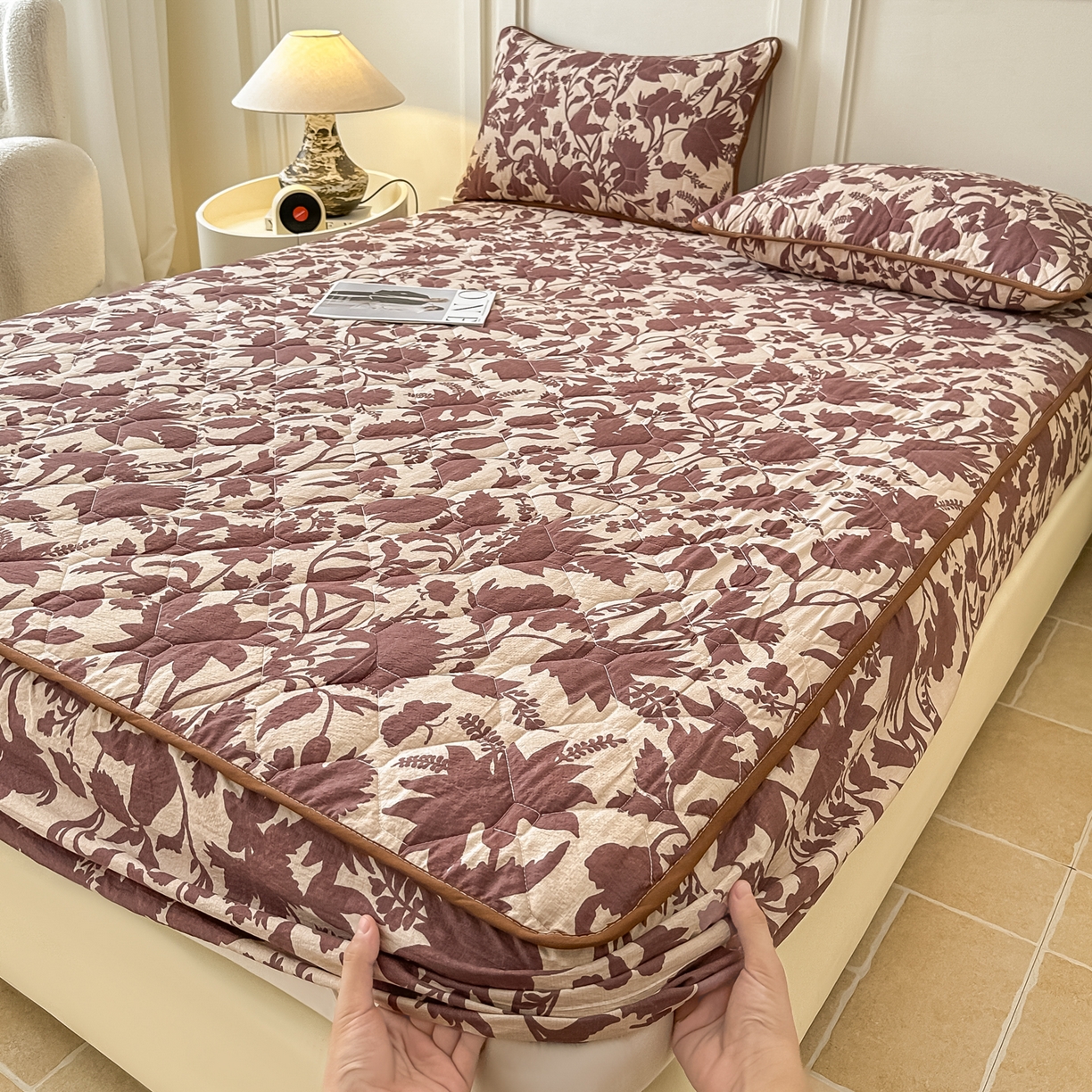 91家纺网 家纺一手货源 找家纺 梦嘉居 2025新款加厚亚麻皱皱纱加棉床笠单品床笠枕套单件单床笠 花香韵