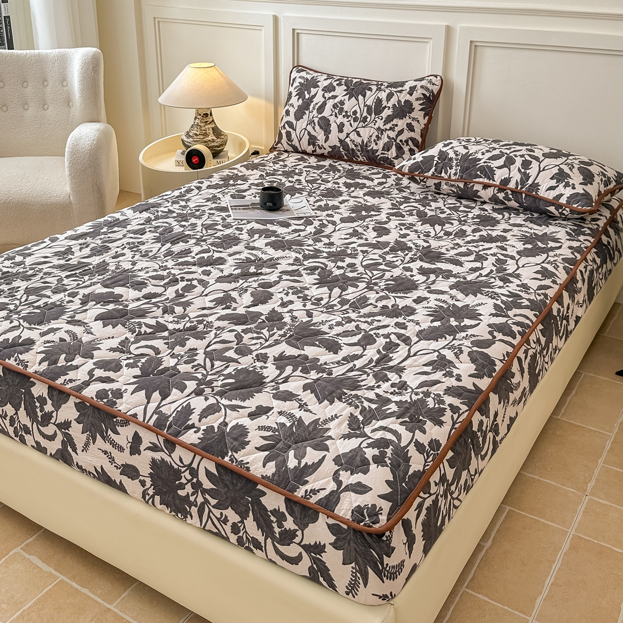 91家纺网 家纺一手货源 找家纺 梦嘉居 2025新款加厚亚麻皱皱纱加棉床笠单品床笠枕套单件单床笠 扶桑花