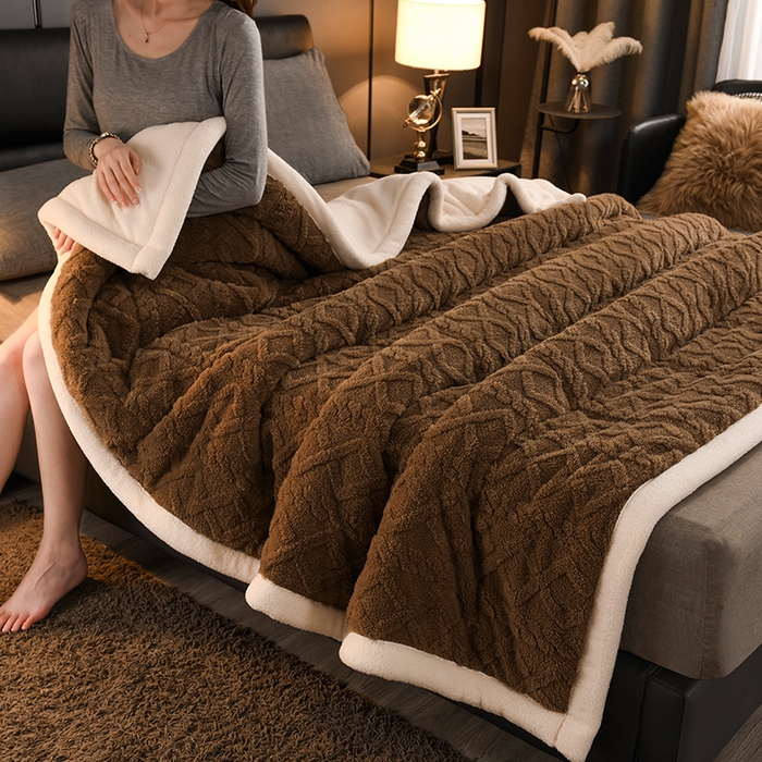 91家纺网 家纺一手货源 找家纺 印季家纺 2025秋冬新款三层夹棉加厚-塔肤绒毛毯毯子多功能盖毯 奶茶棕