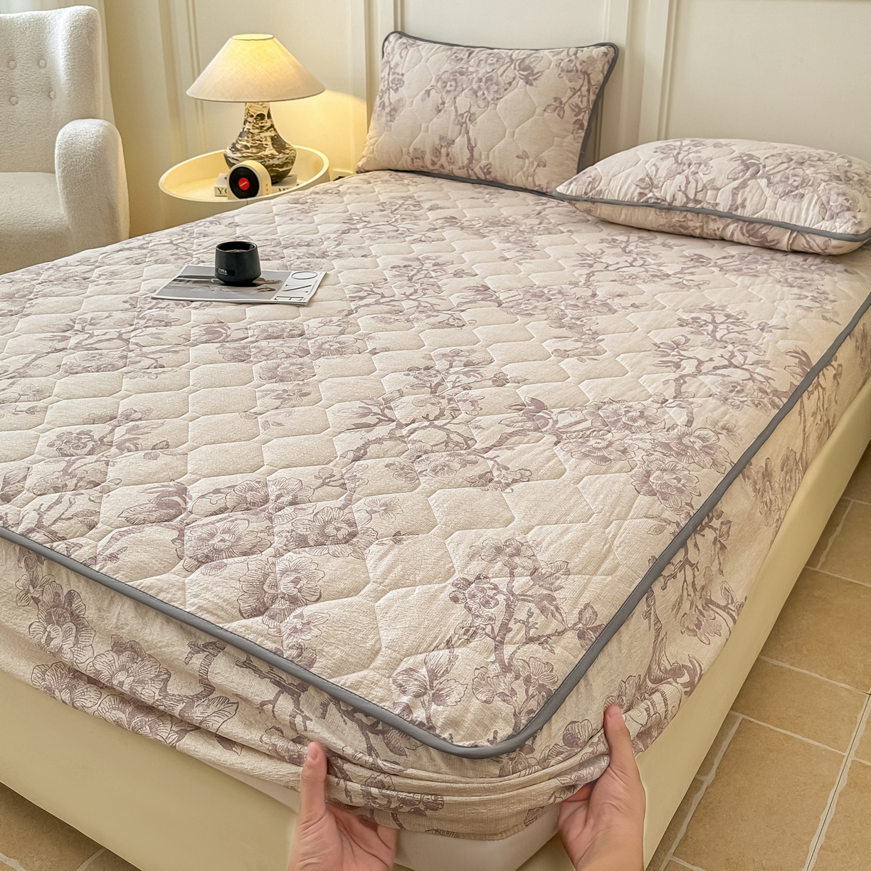 91家纺网 家纺一手货源 找家纺 梦嘉居 2025新款加厚亚麻皱皱纱加棉床笠单品床笠枕套单件单床笠 花之语