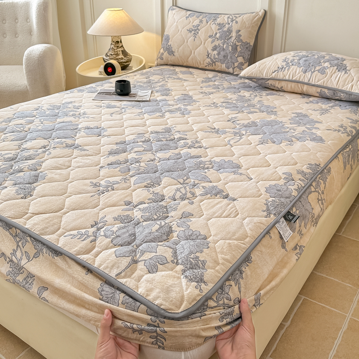 91家纺网 家纺一手货源 找家纺 梦嘉居 2025新款加厚亚麻皱皱纱加棉床笠单品床笠枕套单件单床笠 兰亭序