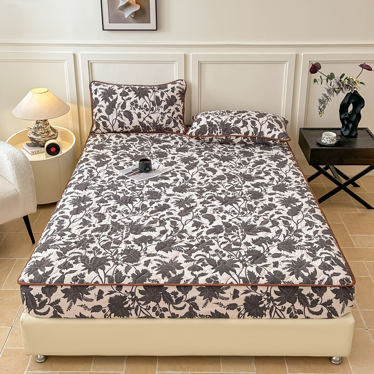 梦嘉居 2025新款加厚亚麻皱皱纱加棉床笠单品床笠枕套单件单床笠 扶桑花