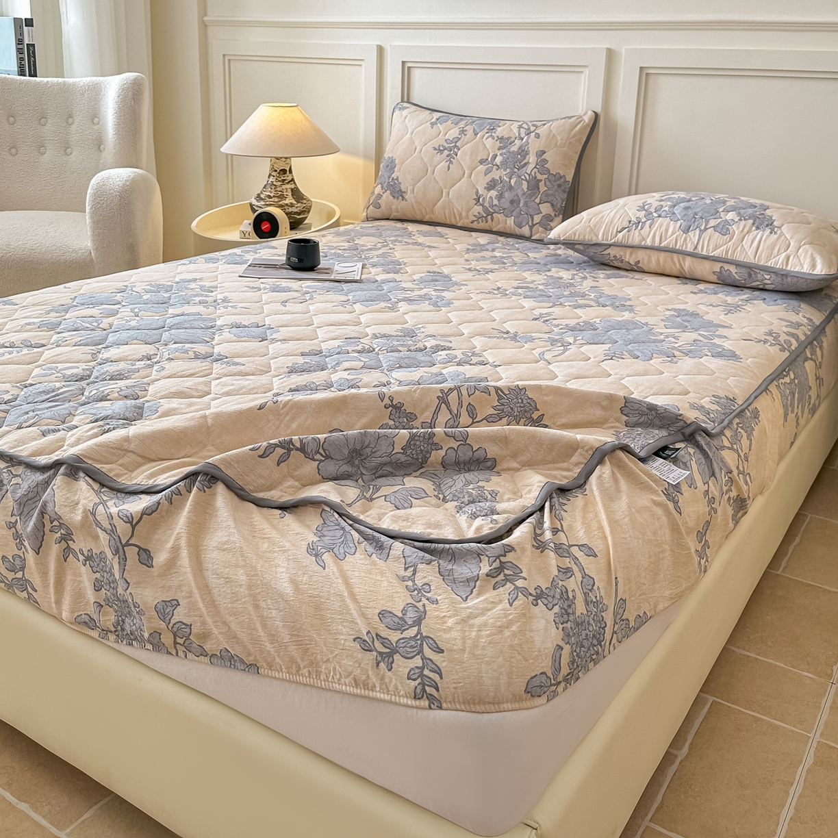 91家纺网 家纺一手货源 找家纺 梦嘉居 2025新款加厚亚麻皱皱纱加棉床笠单品床笠枕套单件单床笠 兰亭序