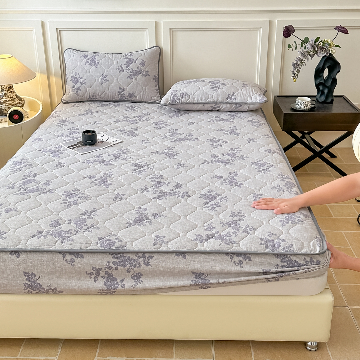 91家纺网 家纺一手货源 找家纺 梦嘉居 2025新款加厚亚麻皱皱纱加棉床笠单品床笠枕套单件单床笠 水云间