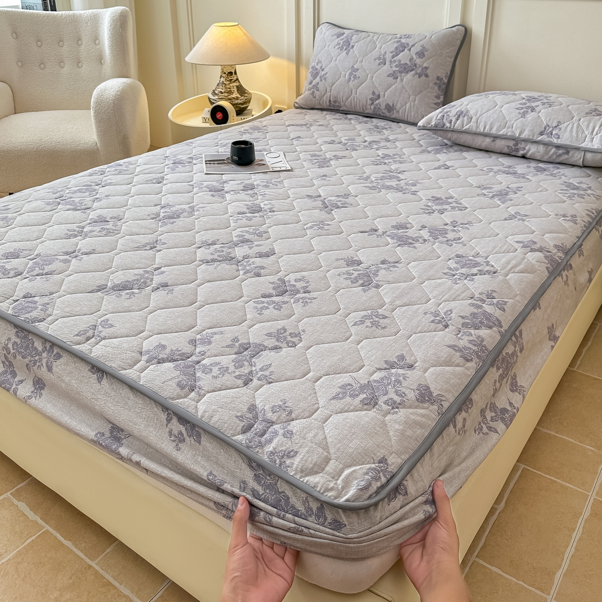 91家纺网 家纺一手货源 找家纺 梦嘉居 2025新款加厚亚麻皱皱纱加棉床笠单品床笠枕套单件单床笠 水云间